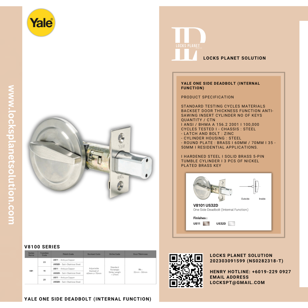 YALE ONE SIDE DEADBOLT (INTERNAL FUNCTION)
