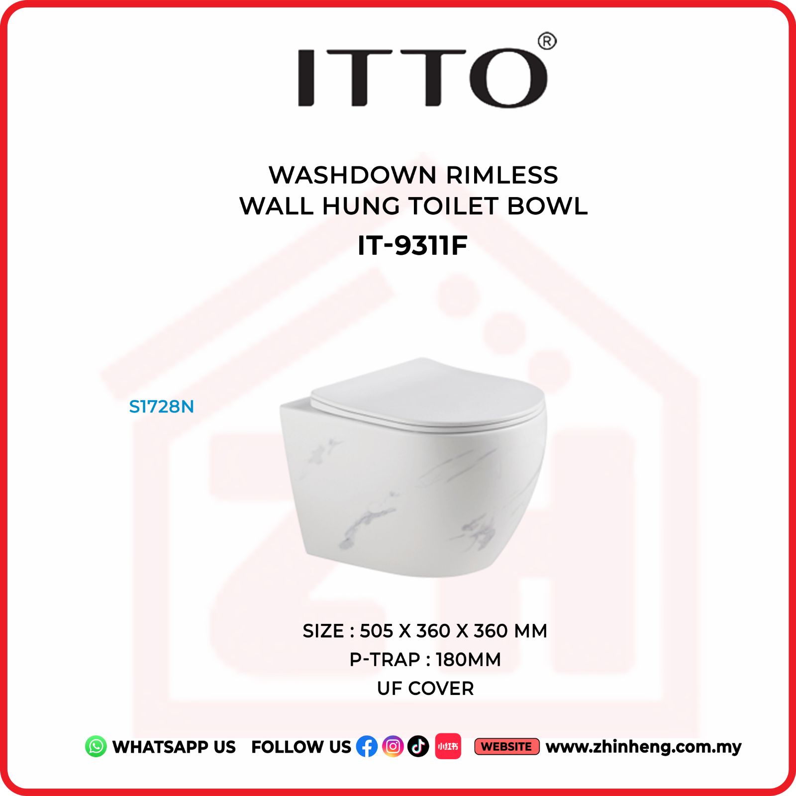 ITTO WASHDOWN RIMLESS WALL HUNG TOILET BOWL IT-9311F