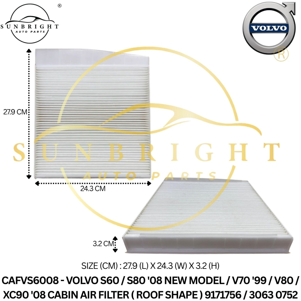 CAFVS6008 - VOLVO S60 / S80 '08 NEW MODEL / V70 '99 / V80 / XC90 '08 CABIN AIR FILTER ( ROOF SHAPE ) 9171756 / 3063 0752