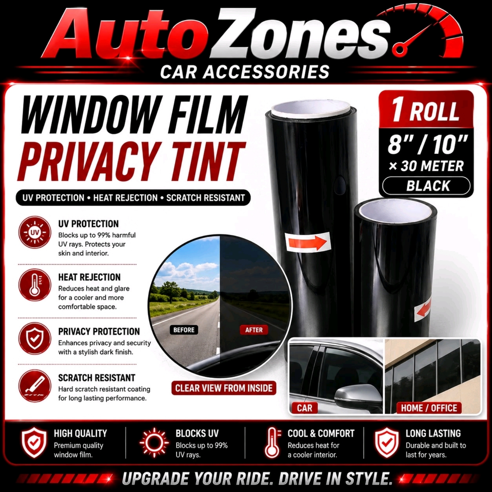 AUTO ZONES Wiser Top Windshield Tint Film 8 Inch x 30 Meter Black Sunstrip UV Protection 5% VLT 68% IR Rejection Front Windscreen Tinted Film