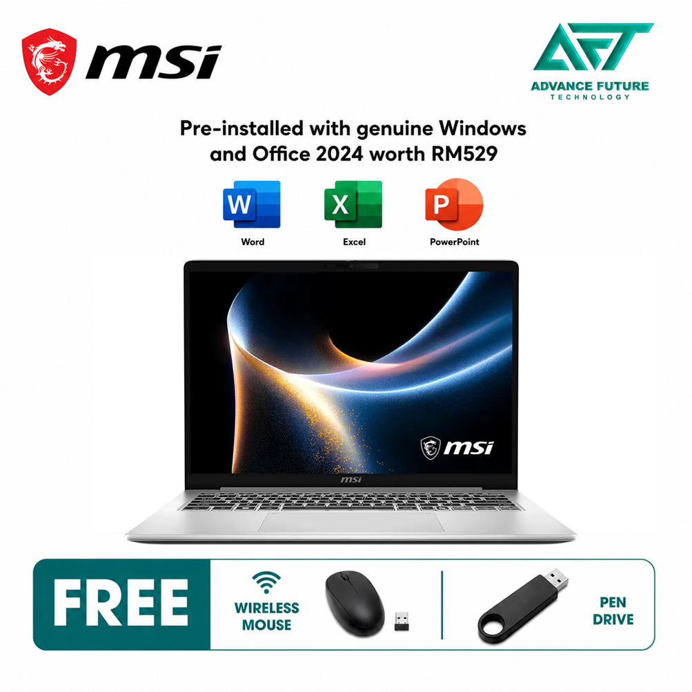 MSI Modern 14S AI+ G3MG-061MY 14'' FHD+ OLED Laptop Urban Silver ( Intel Core Ultra 5 322 ,16GB, 512GB SSD, Intel, W11, H&S 2024&M365 )