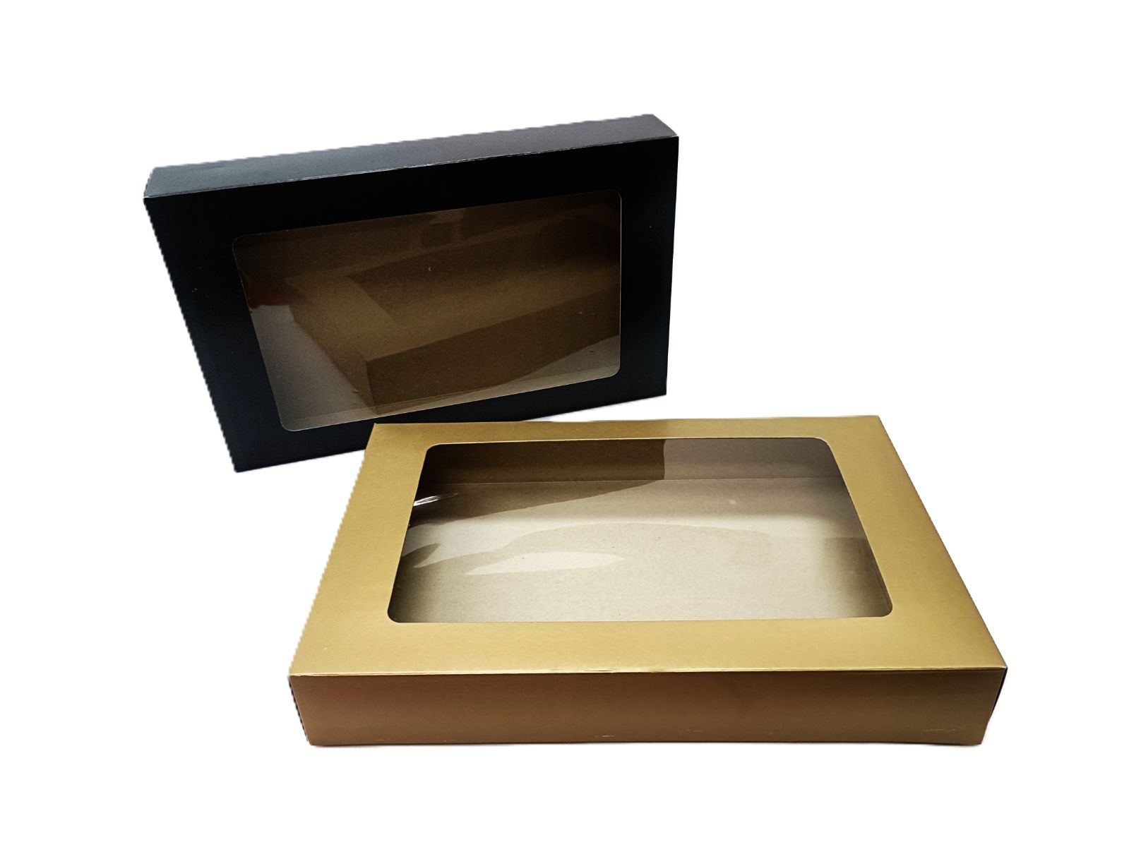 BIG BOX-003 GOLD,BLACK-Premium Rectangular Window Display Boxes – Elegant Matte Black & Gold Cardboard Packaging for Pastries, Gifts, and Corporate Favors