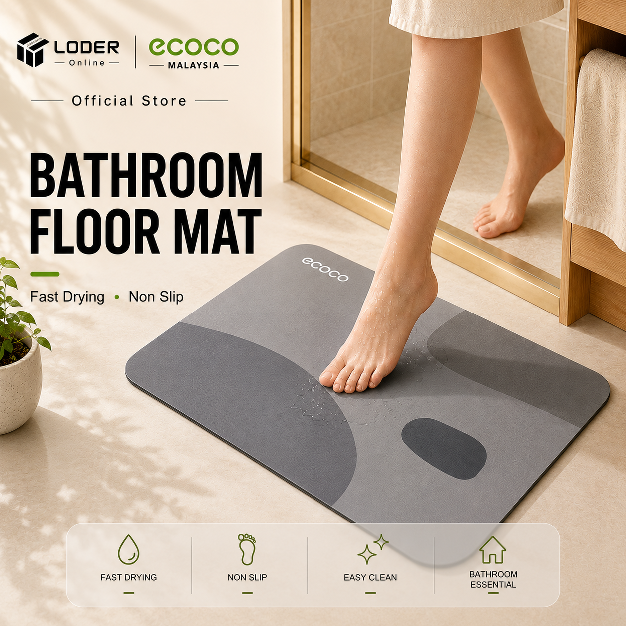 LODER ECOCO Diatomite Bathroom Floor Mat Fast Drying Non Slip Absorbent Bath Mat Toilet Rug Carpet (Size 40 x 60 CM)