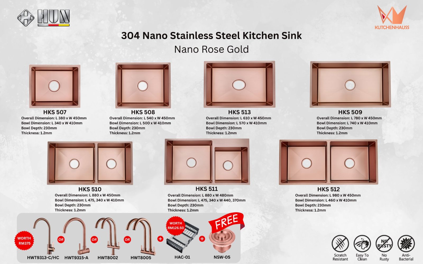 HUN - 304 Nano Stainless Steel Kitchen Sink Package (Nano Rose Gold) | HKS 507, HKS 508, HKS 513, HKS 509, HKS 510, HKS 511, HKS 512