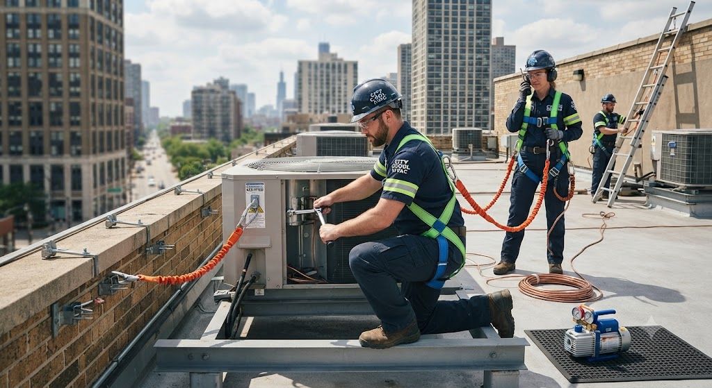 HVAC technician working at height safety requirements
