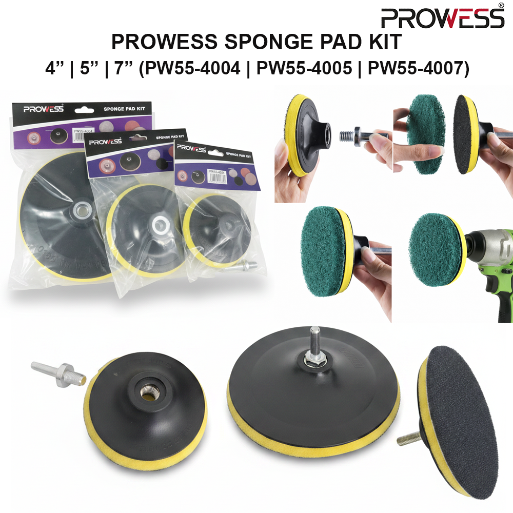 PROWESS SPONGE PAD KIT 4” X M10 X1.5MM | 5” XM10 X 1.5MM | 7” X M14 X 2.0MM | POLISHING PAD KIT | SURFACE FINISHING & BUFFING ACCESSORY ( PW55-4004 | PW55-4005 | PW55-4007 )