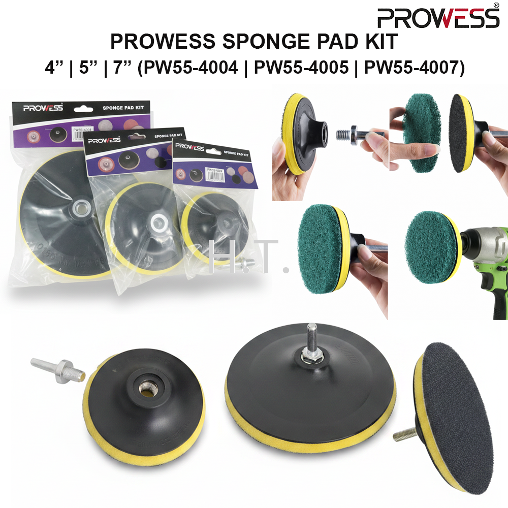 PROWESS SPONGE PAD KIT 4” X M10 X1.5MM | 5” XM10 X 1.5MM | 7” X M14 X 2.0MM | POLISHING PAD KIT | SURFACE FINISHING & BUFFING ACCESSORY ( PW55-4004 | PW55-4005 | PW55-4007 )