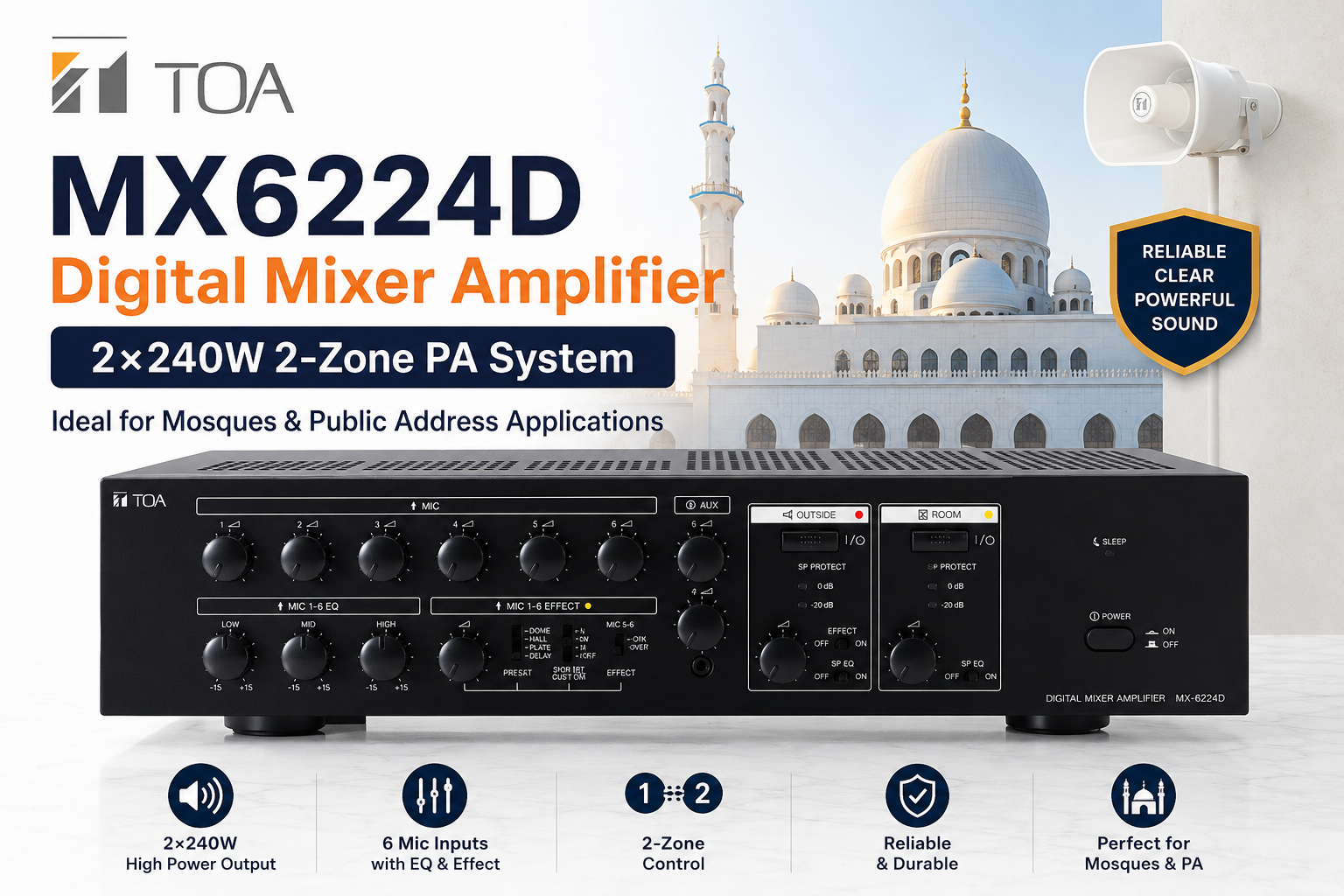 TOA MX6224D Penguat Campuran Digital – 2×240W Sistem PA 2 Zon untuk Masjid & Siaran Awam