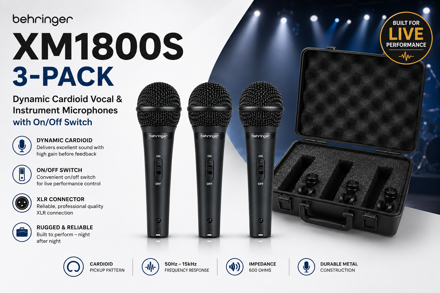 Behringer XM1800S – 3-Pack Dynamic Cardioid Vocal & Instrument Microphones with On/Off Switch