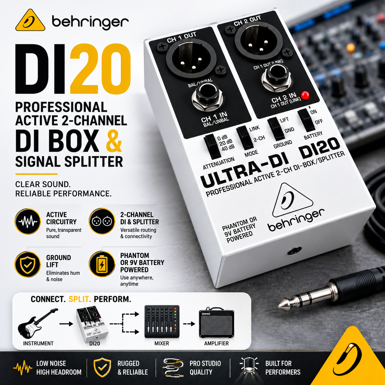 Behringer DI20 – Kotak DI Aktif Profesional 2-Saluran & Pemisah Isyarat