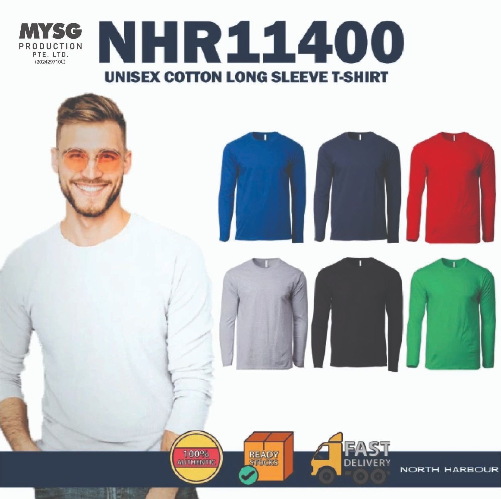 NORTH HARBOUR Unisex Adult The Best Ever Round Neck Long Sleeve Tee Plain Cotton T-Shirt Baju Panjang NHR11400