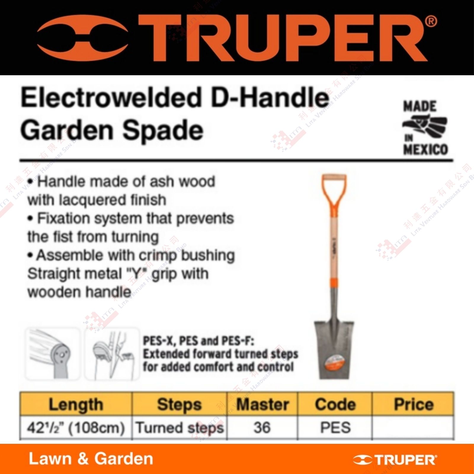 TRUPER BRAND ELECTROWELDED D HANDLE GARDEN SPADE - PES