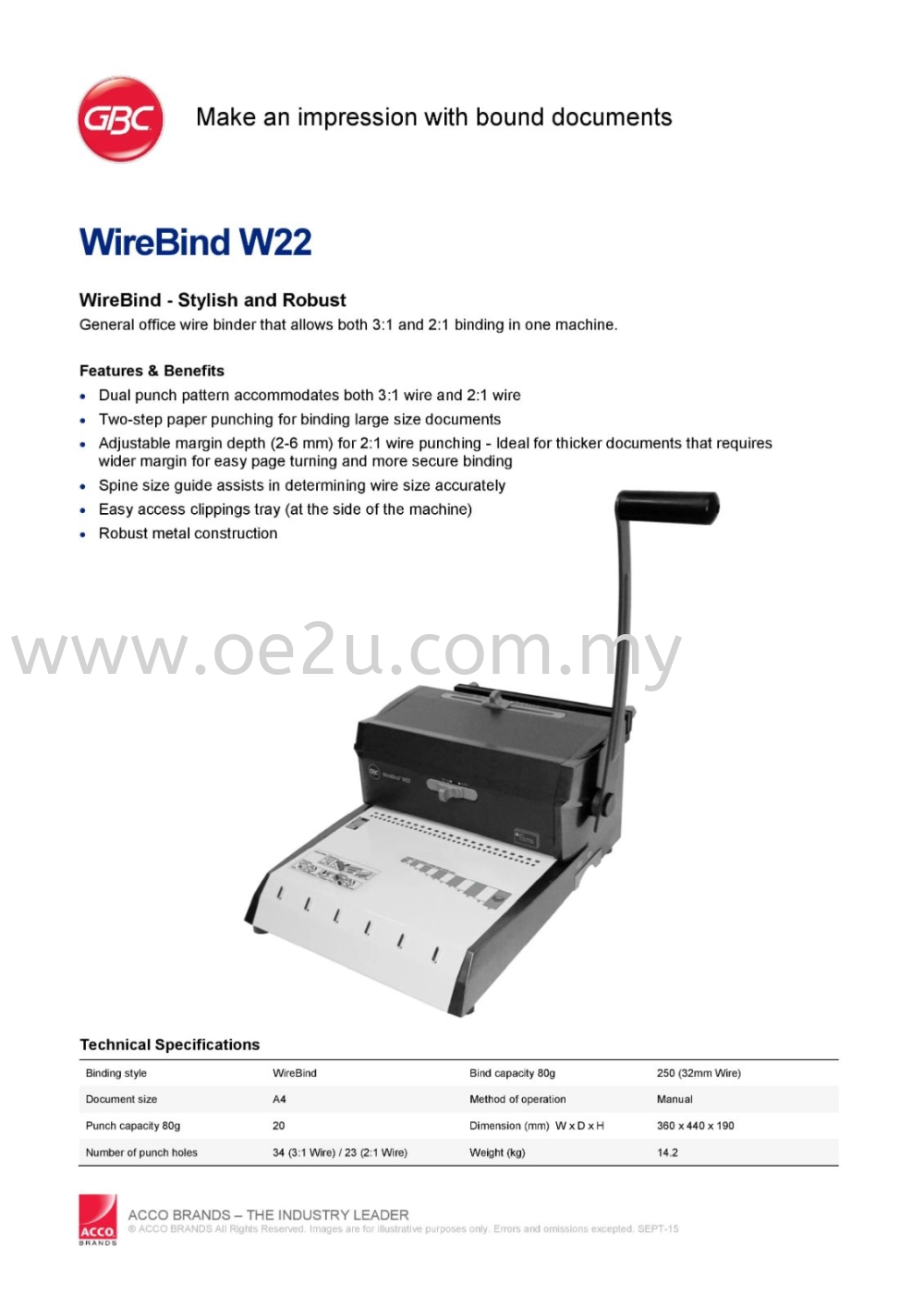 GBC WireBind W22 Manual Binder (Punch Capacity: 20 Sheets, Bind Capacity: 250 Sheets, Max. Binding Length: A4)