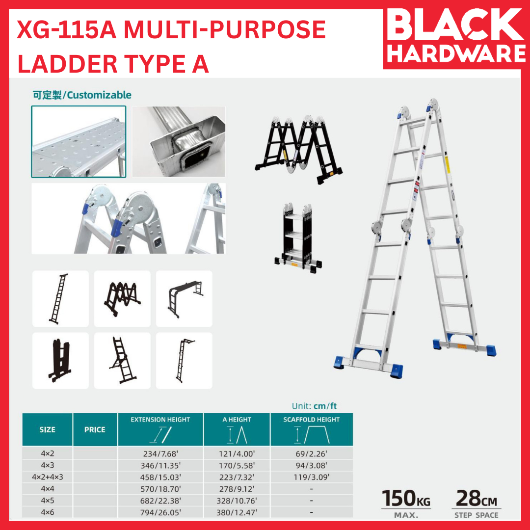 Black Hardware XG-115A Multi-Purpose Aluminium Ladder | Heavy-Duty Straight-Leg Folding Ladder Malaysia