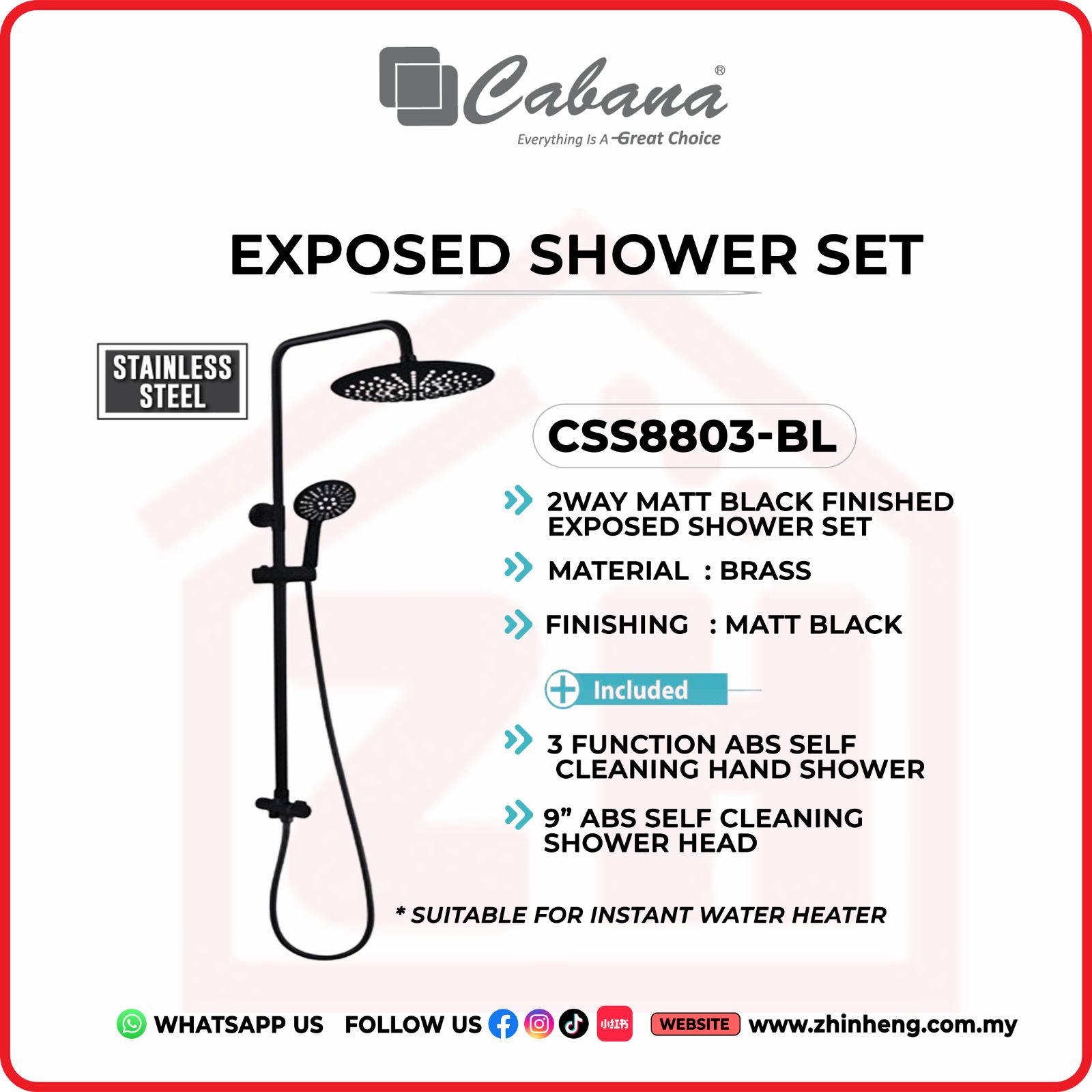 CABANA 2 WAY MATT BLACK FINISHED EXPOSED SHOWER SET  CSS8803-BL