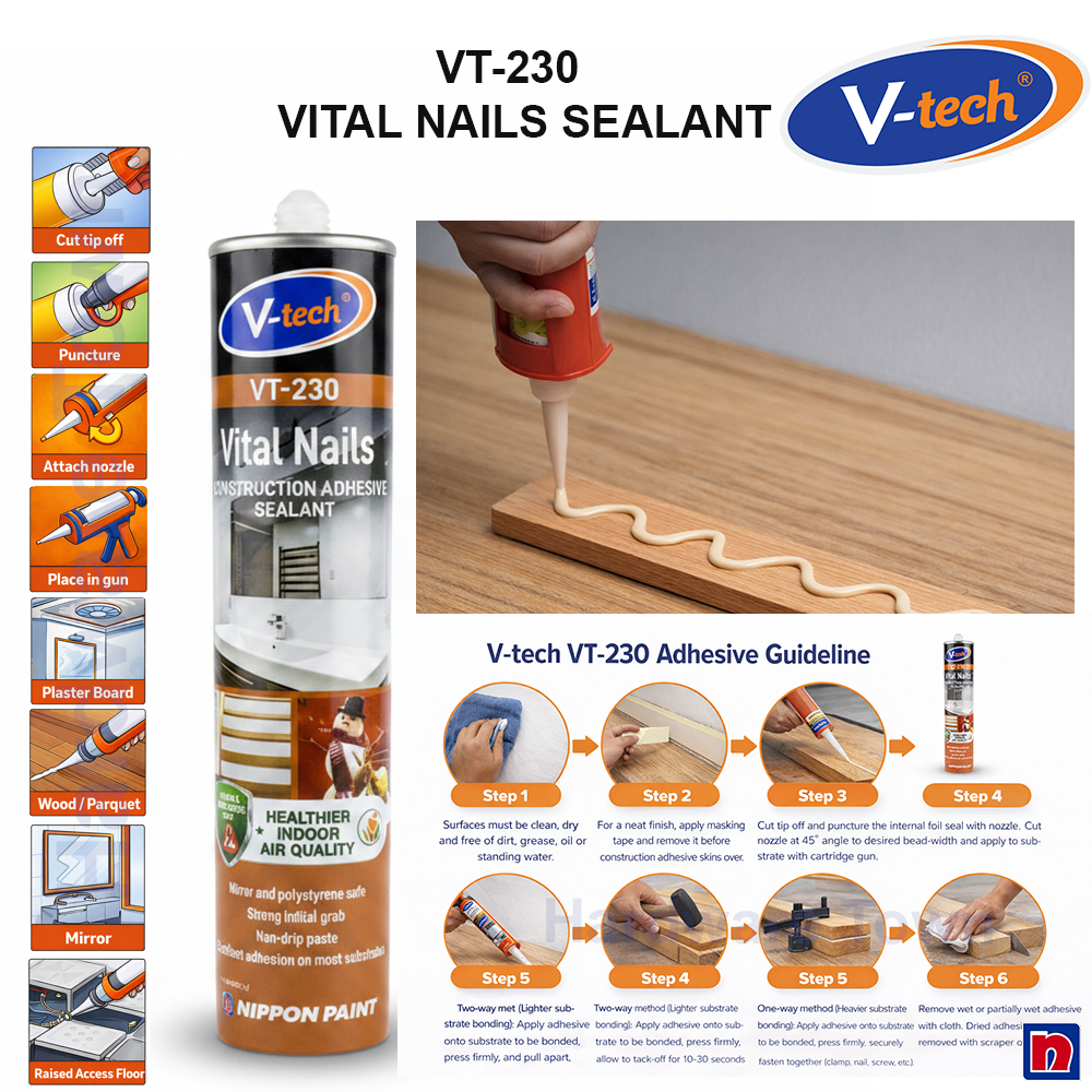 V-TECH VT-230 VITAL NAILS CONSTRUCTION ADHESIVE 350G BROWN | VTECH HEAVY DUTY NAIL FREE GLUE | MULTI PURPOSE BONDING SEALANT