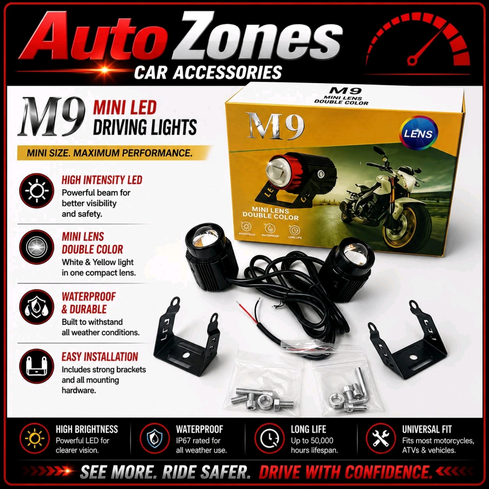 2pcs Waterproof Motorcycle Mini LED Fog Lamp M9 Spotlight White Yellow Fog Light Bright Light
