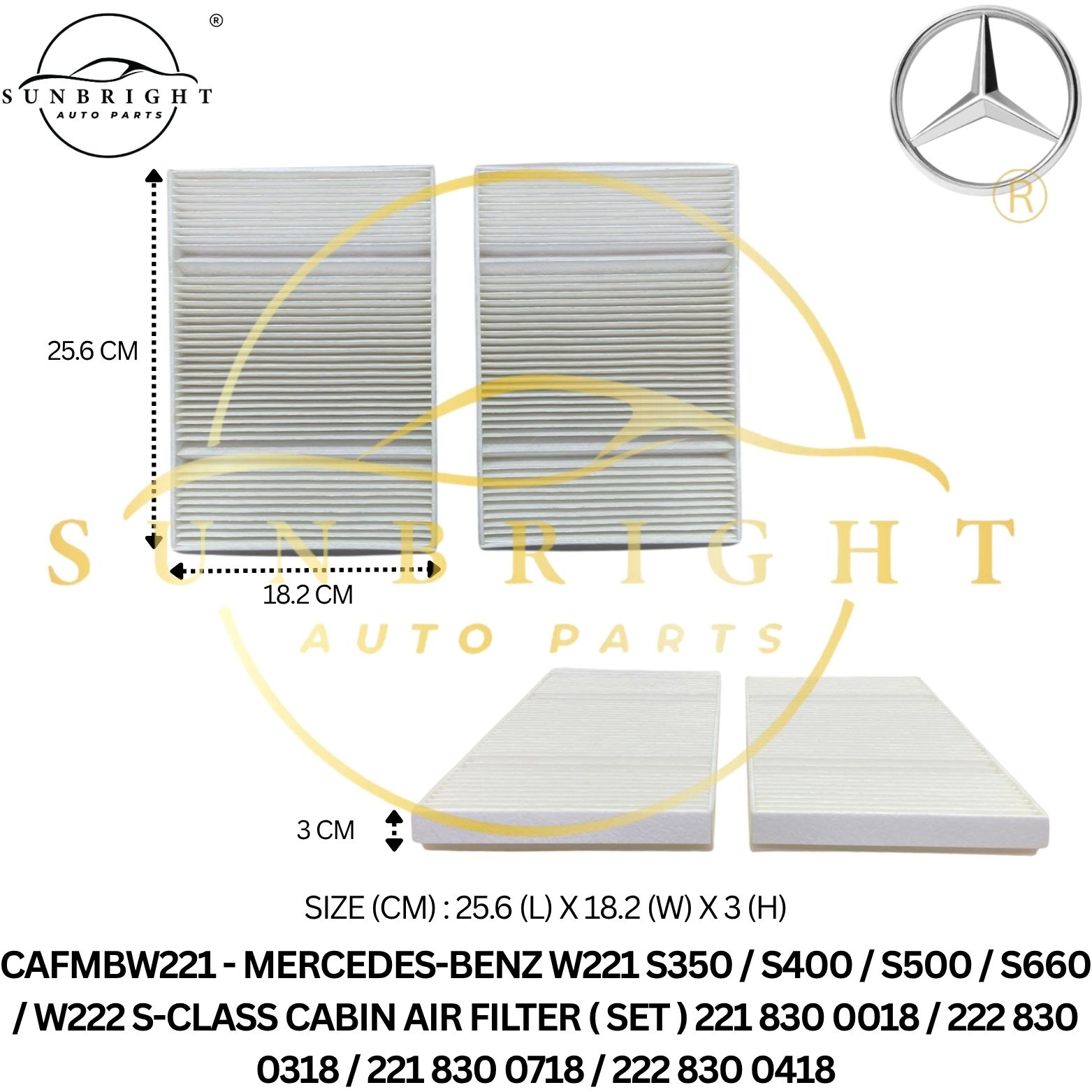 MERCEDES-BENZ W221 S350 / S400 / S500 / S660 / W222 S-CLASS CABIN AIR FILTER (SET) 221 830 0018 / 222 830 0318 / 221 830 0718 / 222 830 0418