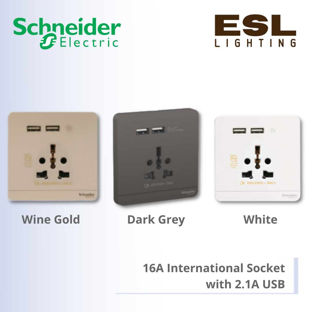 SCHNEIDER AvatarOn 16A International Socket with 2.1A USB - E8342616USB_DG E8342616USB_WE E8342616USB_WG