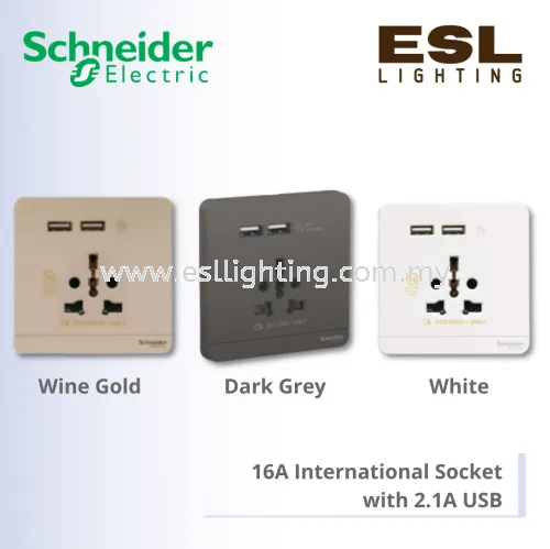 SCHNEIDER AvatarOn 16A International Socket with 2.1A USB - E8342616USB_DG E8342616USB_WE E8342616USB_WG