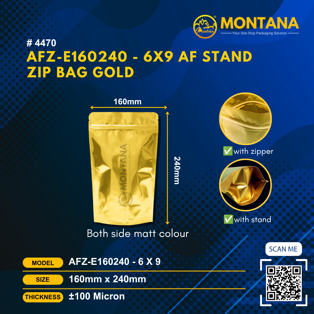 (4470) AFZ-E160240 - 6X9 AF STAND ZIP BAG GOLD