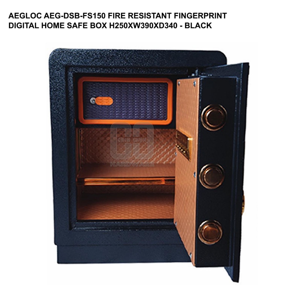 AEGLOC AEG-DSB-FS150 FIRE RESISTANT FINGERPRINT DIGITAL HOME SAFE BOX (H250 x W390 x D340) BLACK