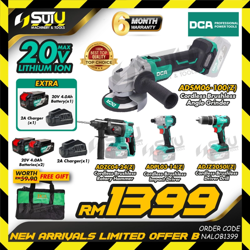 [LIMITED OFFER B] DCA NEW ARRIVAL LIMIT COMBO B ADSM06-100Z Angle Grinder + ADZC04-24Z Rotary Hammer + ADPL03-14Z Impact Driver + ADJZ2050IZ Driver Drill + 3xBatteries + 2xCharger