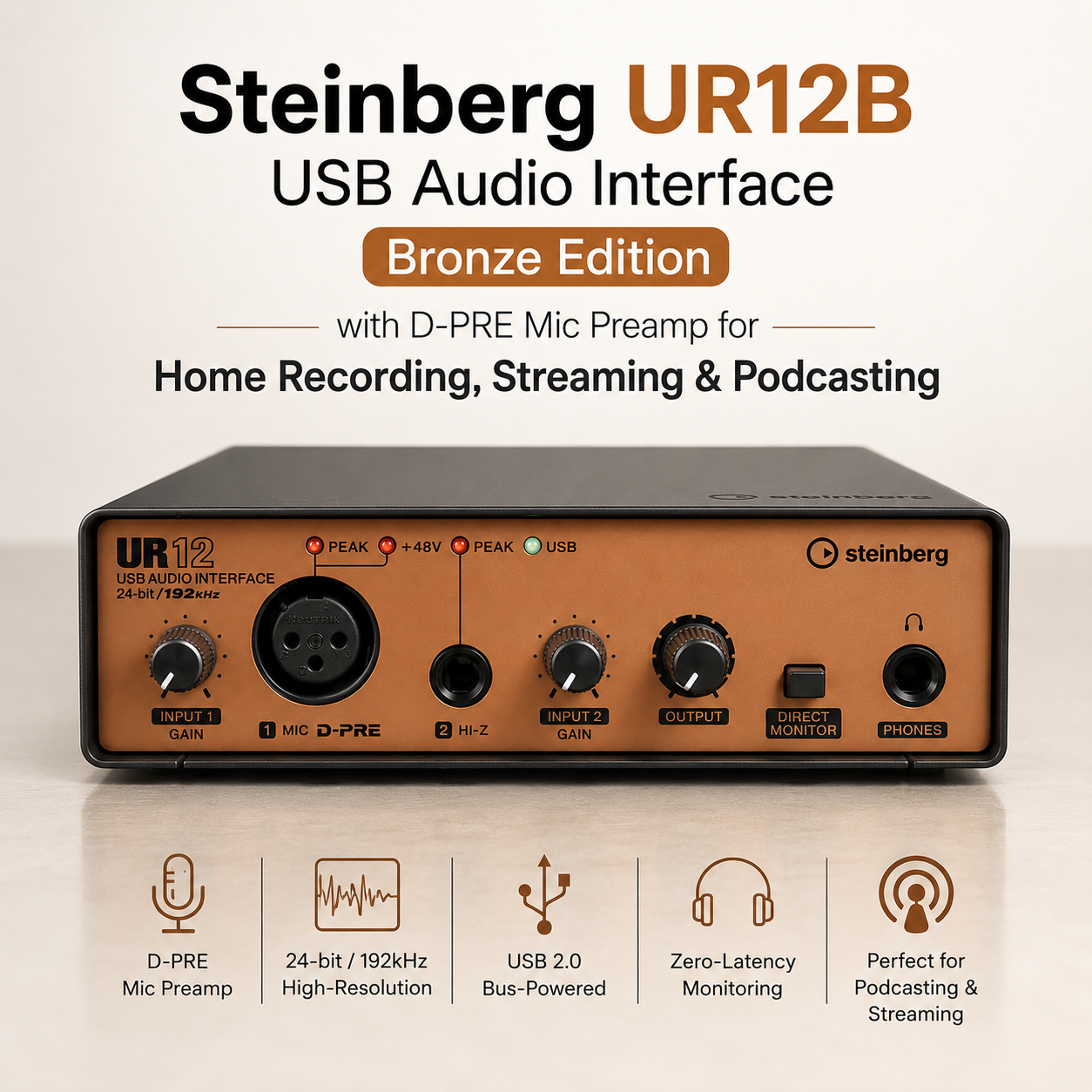 Steinberg  UR12B – Antara Muka Audio USB (Edisi Gangsa) dengan Pream D-PRE untuk Rakaman Rumah, Penstriman & Podcast
