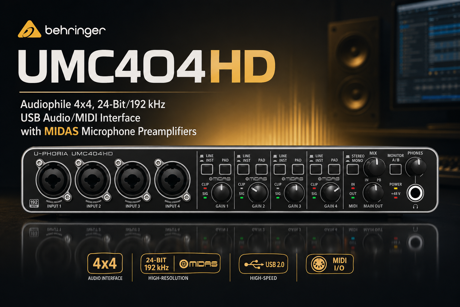 Behringer UMC404HD – Antara Muka Audio/MIDI USB 4x4 Audiophile 24-Bit/192 kHz dengan Preamplifier Mikrofon MIDAS