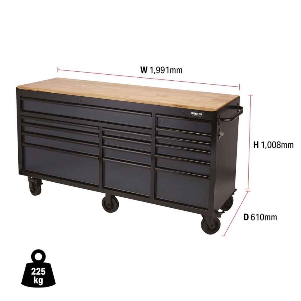 08241 - BUNKER Workbench Roller Tool Cabinet, 15 Drawer, 72", Grey
