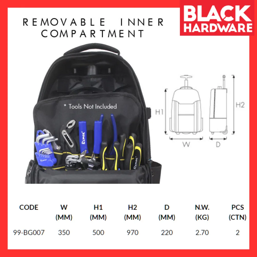 Black Hardware REMAX Tools Beg Tool Bag Electrician Trolley Bag Backpack Travel Fishing Bag Lelaki 工具包 Beg Troli Tarik