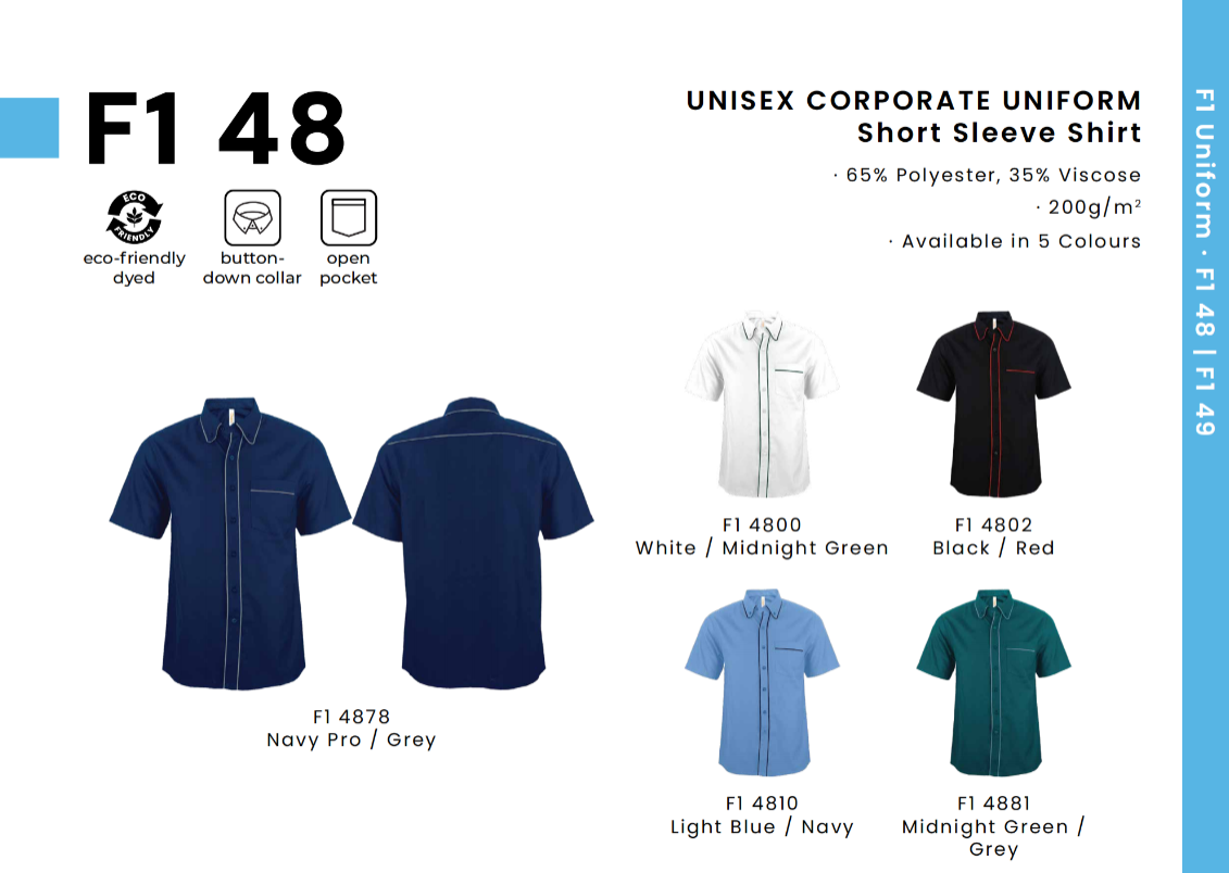F1 48 Unisex Corporate Uniform Short Sleeve Shirt | Premium Polyester Viscose Office Shirt