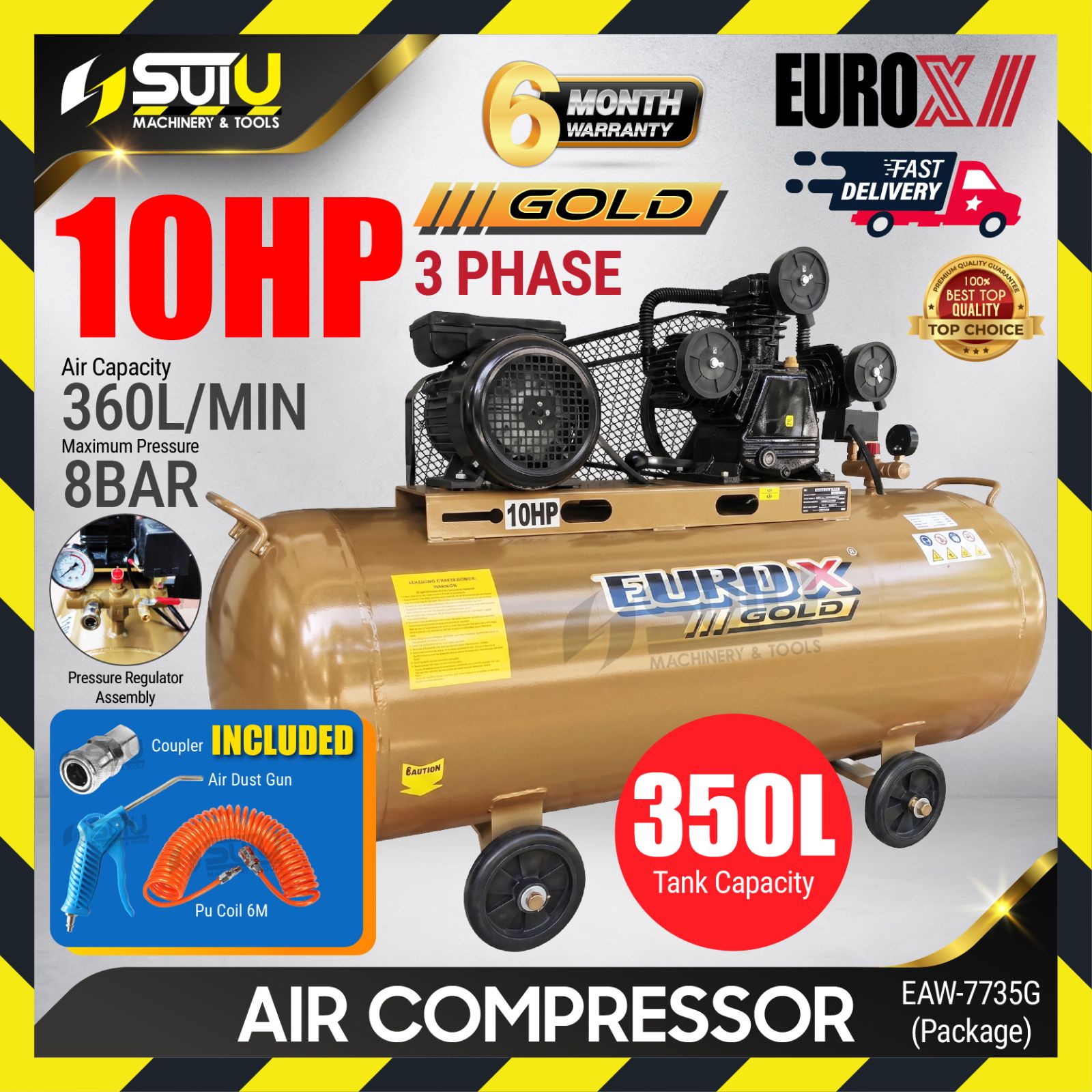 [PACKAGE] EUROX GOLD EAW-7735 / EAW7735 / EAW7735G 350L 10HP 8BAR Air Compressor 870RPM
