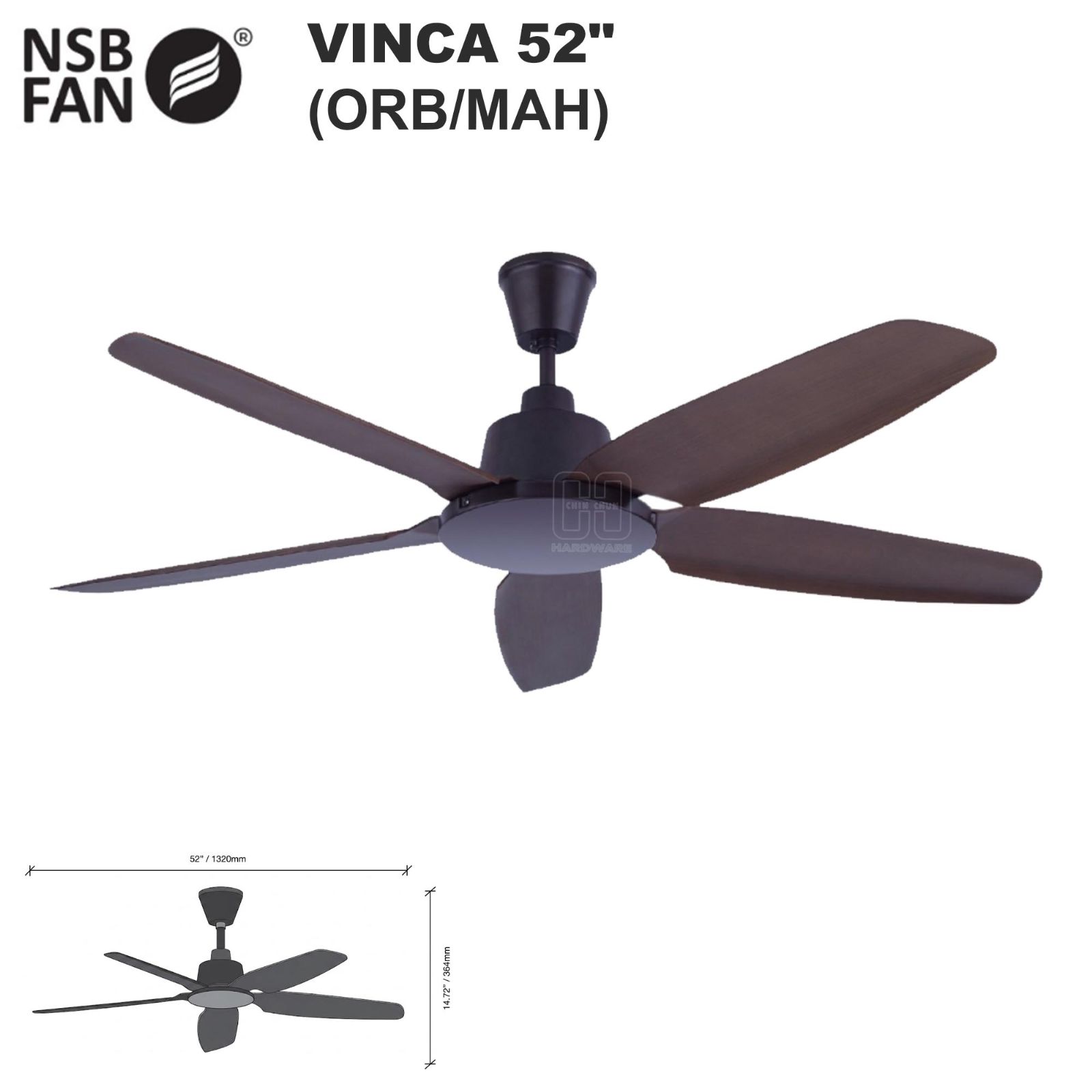 NSB VINCA CEILING FAN DC 52" ORB/MAH