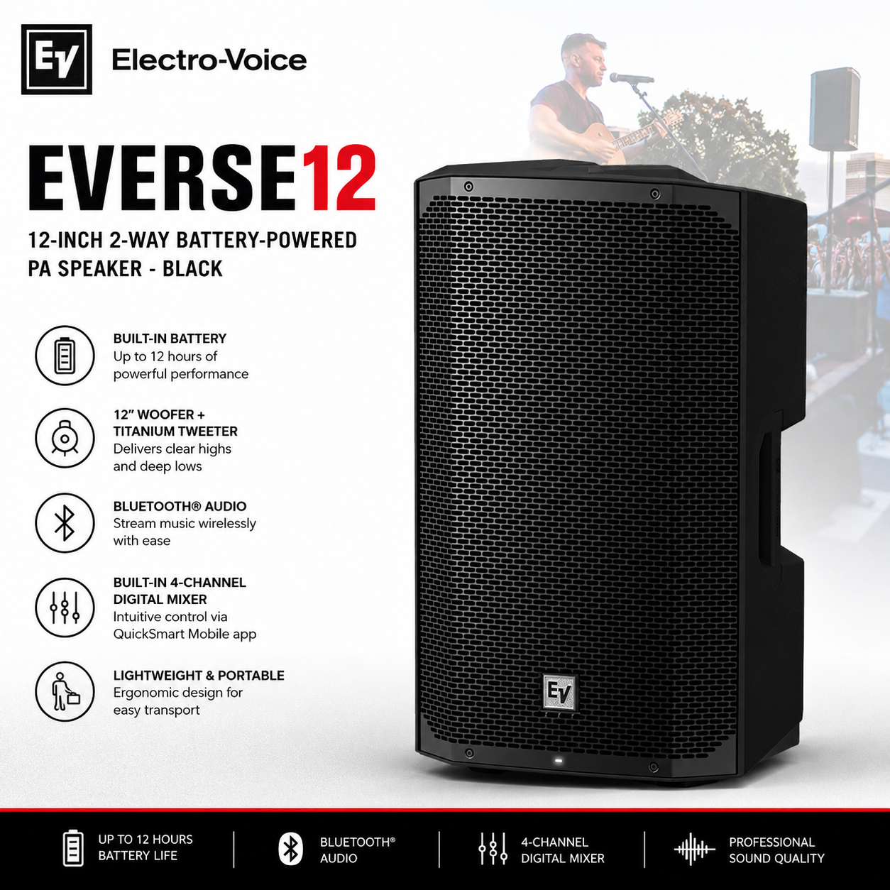 EV Electro-Voice Everse12 12-inch 2-way Battery-powered PA Speaker - Black