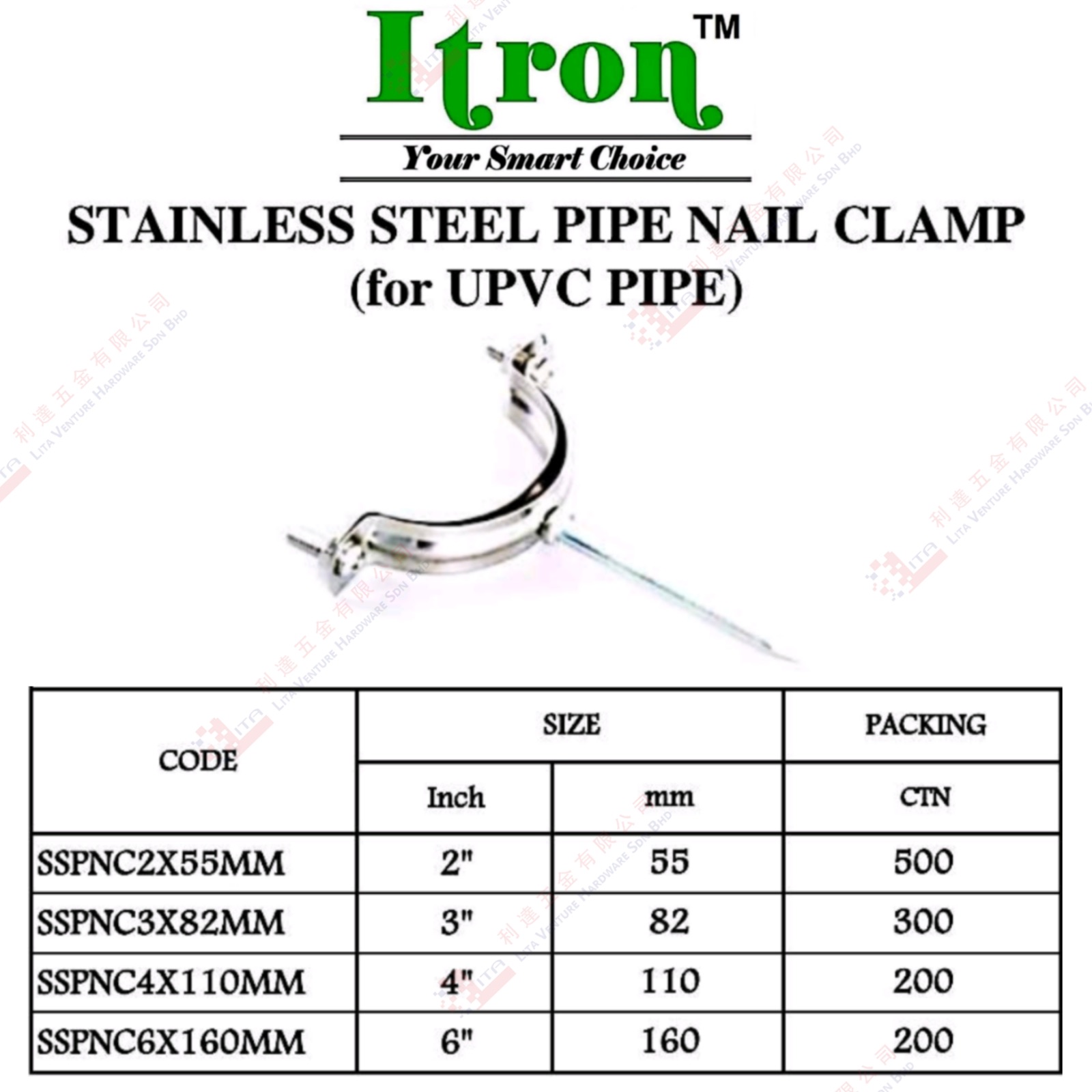 ITRON BRAND S.STEEL PIPE NAIL CLAMP - SSPNC2X55MM SSPNC3X82MM SSPNC4X110MM SSPNC6X160MM