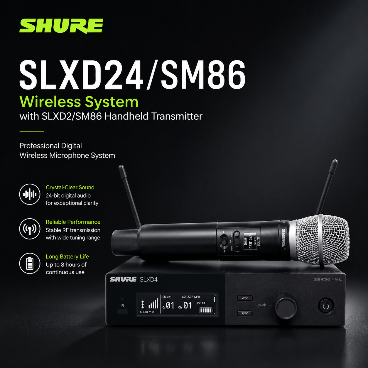 Shure SLXD24/SM86 无线系统，配备 SLXD2/SM86 手持发射器 – 专业数字无线麦克风系统