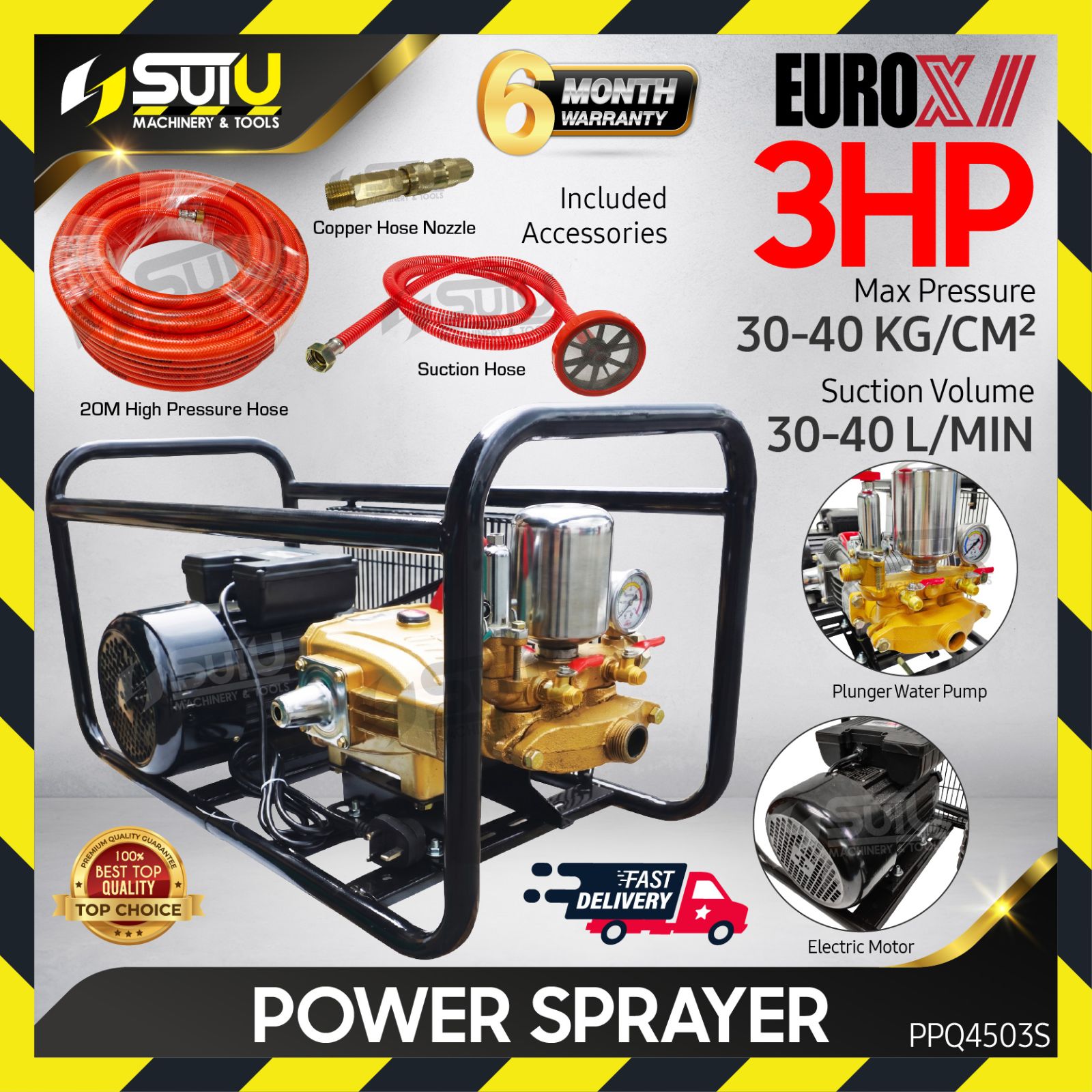EUROPOWER / EUROX PPQ4503S 3HP 40Bar Plunger Pump/ Power Sprayer with Electric Motor