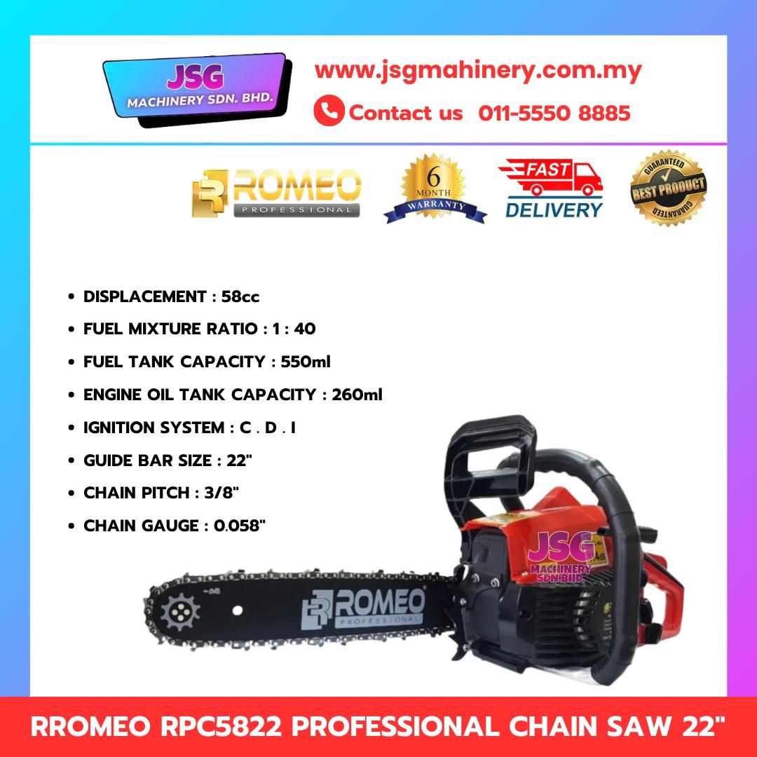ROMEO RPC5822 Professional Chainsaw 22-Inch Gasoline Chain Saw for Wood Cutting