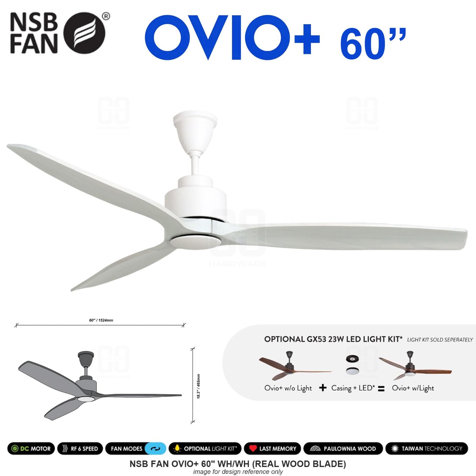 NSB FAN OVIO+ 60" WH/WH REAL WOOD BLADE