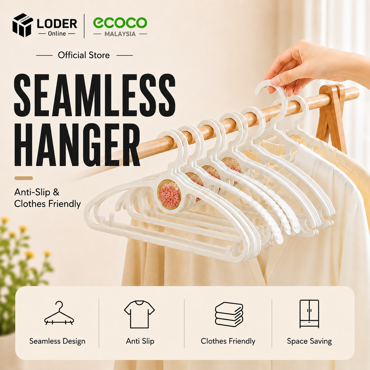 LODER ECOCO Seamless Hanger Anti Slip Clothes Hanger No Shoulder Marks Wardrobe Organizer