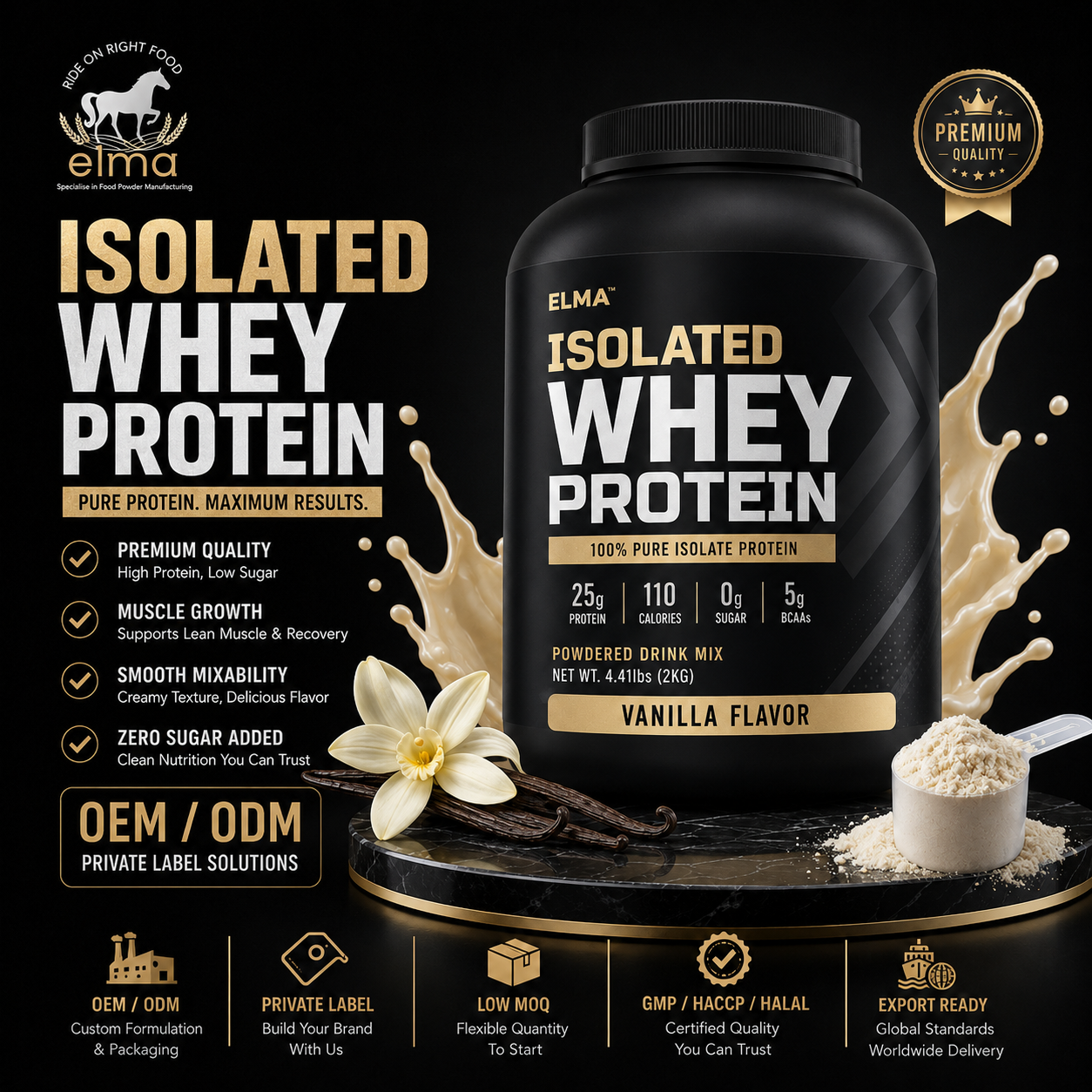 Bulk Whey Protein Isolate Powder WPI High Protein Low Fat Custom Formula OEM Supplier Malaysia