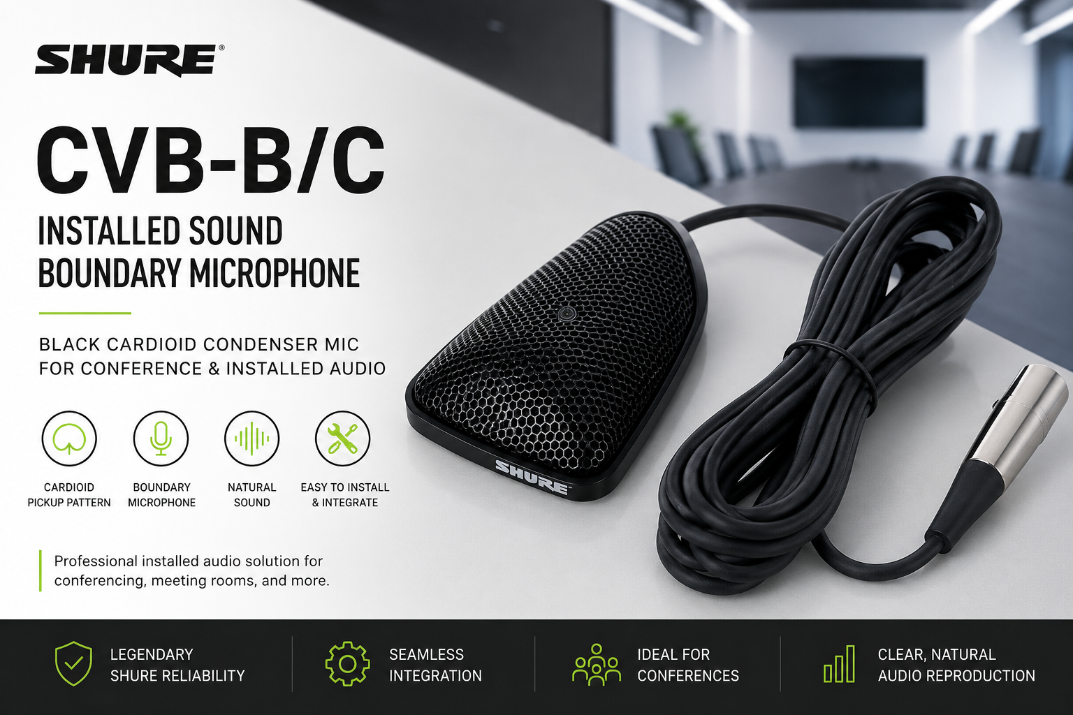 Shure CVB-B/C Mikrofon Boundary Dipasang Tetap – Mikrofon Kondensor Kardioid Hitam untuk Persidangan & Audio Tetap