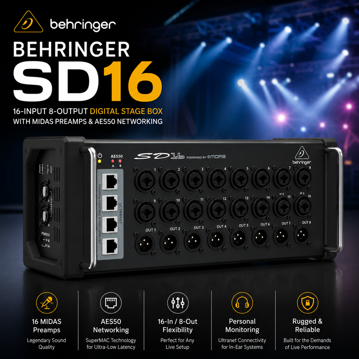 Behringer SD16 – Kotak Pentas Digital 16-Masukan 8-Keluaran dengan Preamp MIDAS & Rangkaian