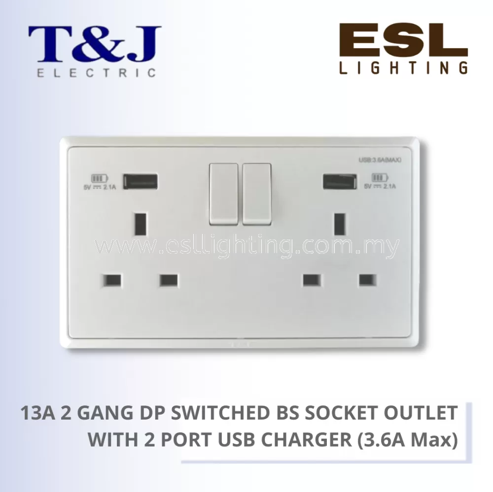 T&J SWITCHES INFINIT SERIES 13A 2 GANG DP SWITCHED BS SOCKET OUTLET WITH 2 PORT USB CHARGER (3.6A Max) - HC8613SDUSB-DP HC8613SDUSB-DP-SBL HC8613SDUSB-DP-MSB HC8613SDUSB-DP-PS7 HC8613SDUSB-DP-ST5