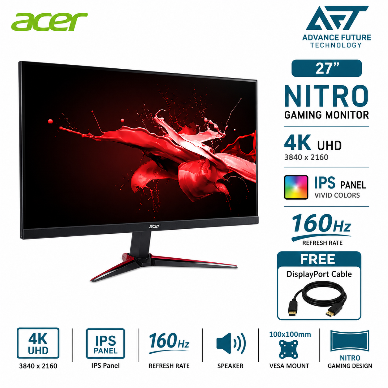 Acer Nitro VG270KV4 27'' 4K IPS 160Hz Gaming Monitor ( Speaker, 2x HDMI, DP, Audio, 3 Years Warranty )