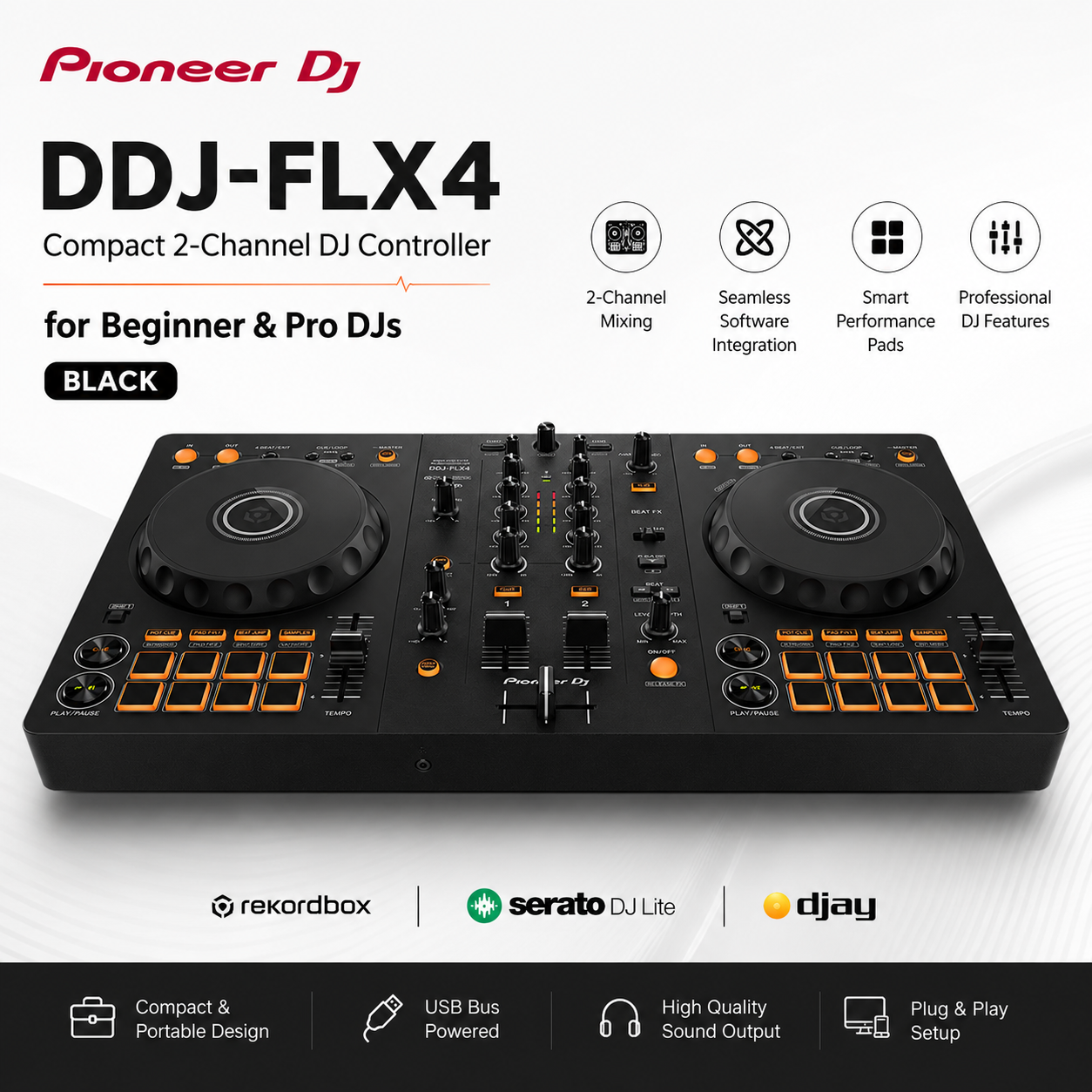 Pioneer DDJ-FLX4 Compact 2-Channel DJ Controller for Beginner & Pro DJs (Black)