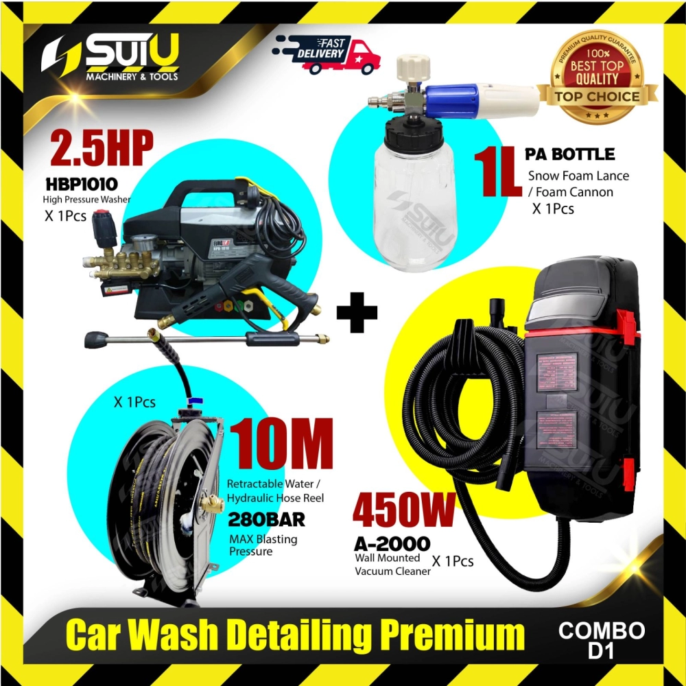 [COMBO D1] Car Wash Detailing Premium Combo (HBP1010 + 1L Foam Cannon + 10M Retractable Hose Reel + A-2000 Vacuum)