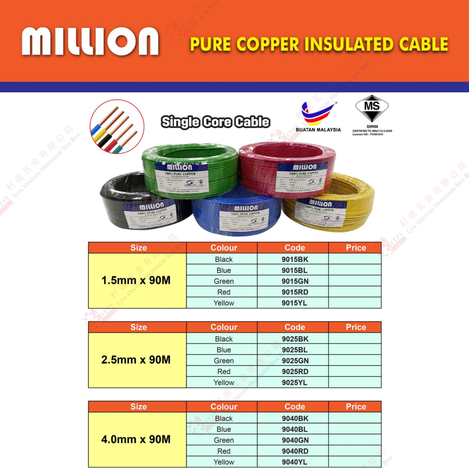 MILLION BRAND PURE COPPER INSULATED CABLE - 9015BK 9015BL 9015GN 9015RD 9015YL 9025BK 9025BL 9025GN 9025RD 9025YL 9040BK 9040BL 9040GN 9040RD 9040YL