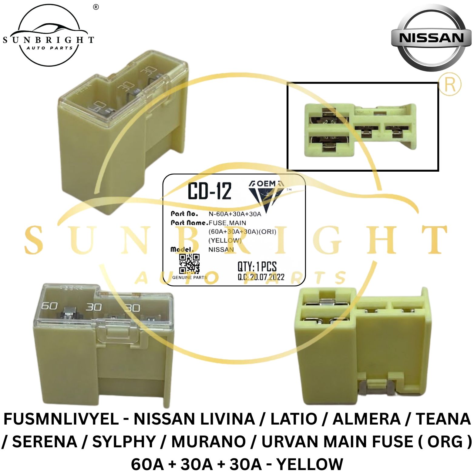 FUSMNLIVYEL - NISSAN LIVINA / LATIO / ALMERA / TEANA / SERENA / SYLPHY / MURANO / URVAN MAIN FUSE ( ORG ) 60A + 30A + 30A - YELLOW